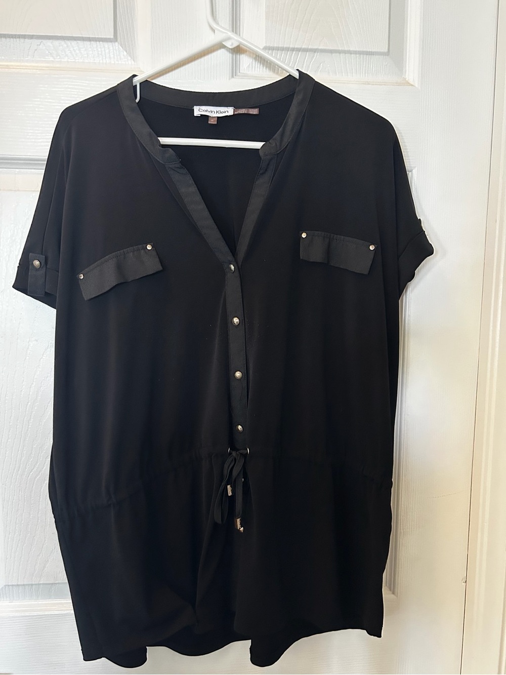 Calvin Klein Black Short-Sleeve Button Front Drawstring Tunic